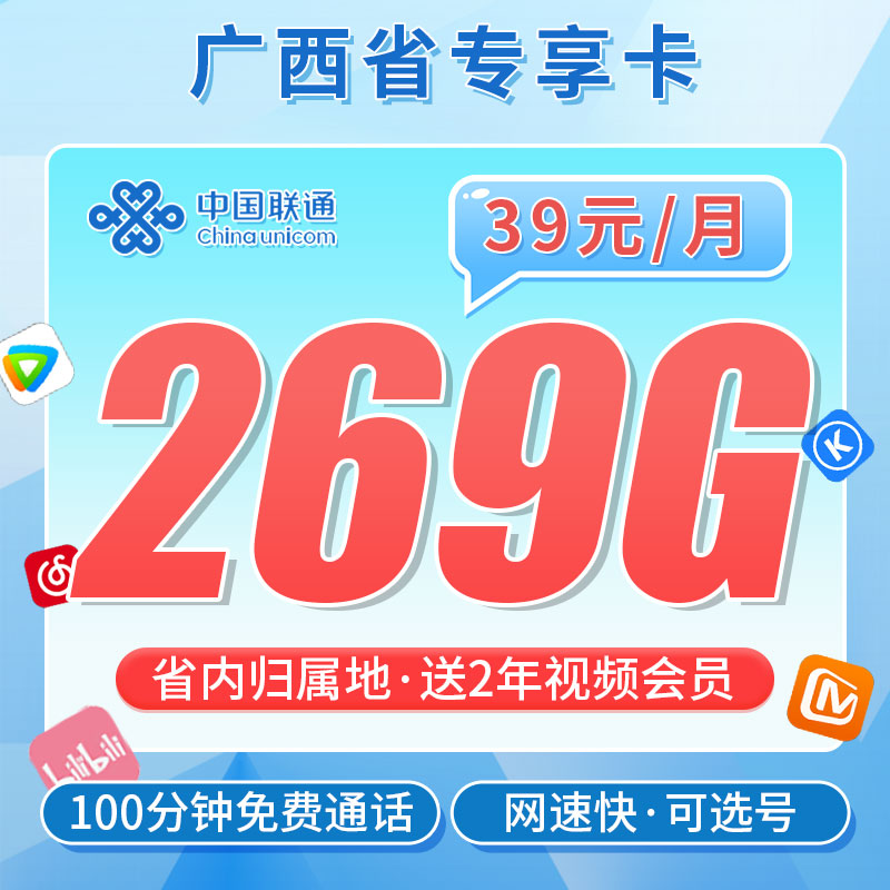 卡世界新发布：联通轩然卡39元269G+100分钟通话+2年视频会员