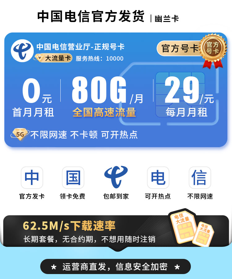 卡世界新发布：电信幽兰卡29元80G+5G黄金速率+激活选号  第1张