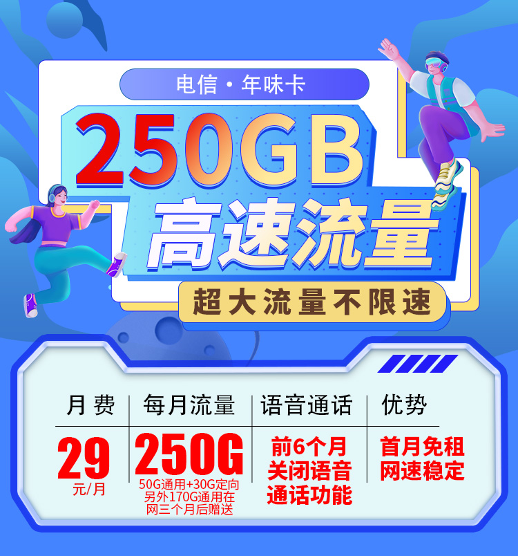 卡世界新发布：电信年味卡29元250G全国流量首月免月租  第1张