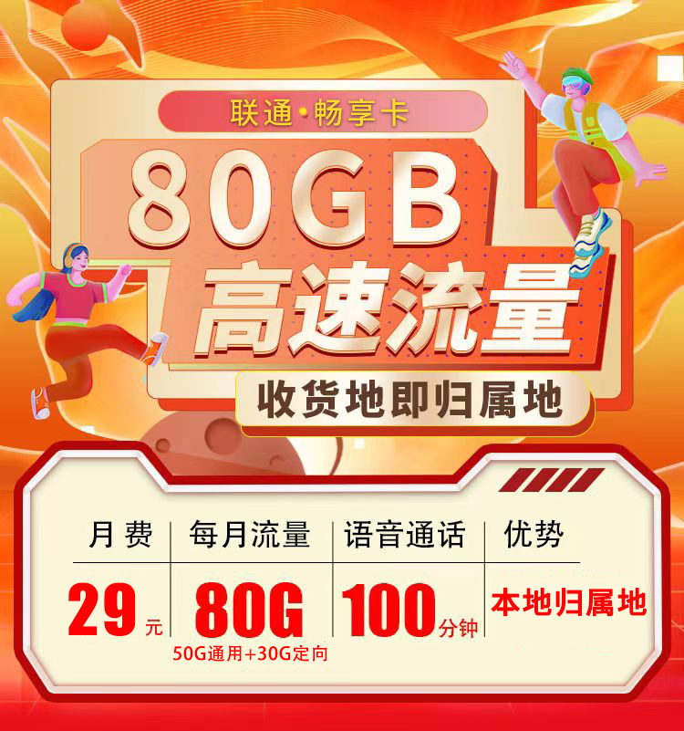 卡世界新发布：联通畅享卡29元80G+100分钟+本地归属地+可选号  第1张