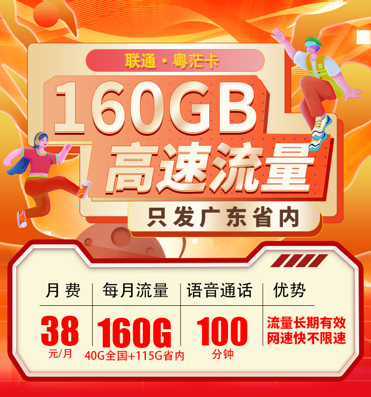 卡世界新发布：联通粤茫卡38元160G+100分钟  第1张