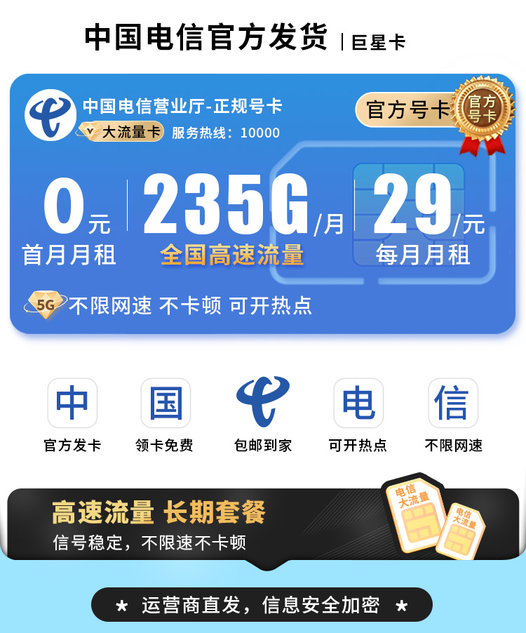 卡世界新发布：电信巨星卡29元235G长期套餐  第1张