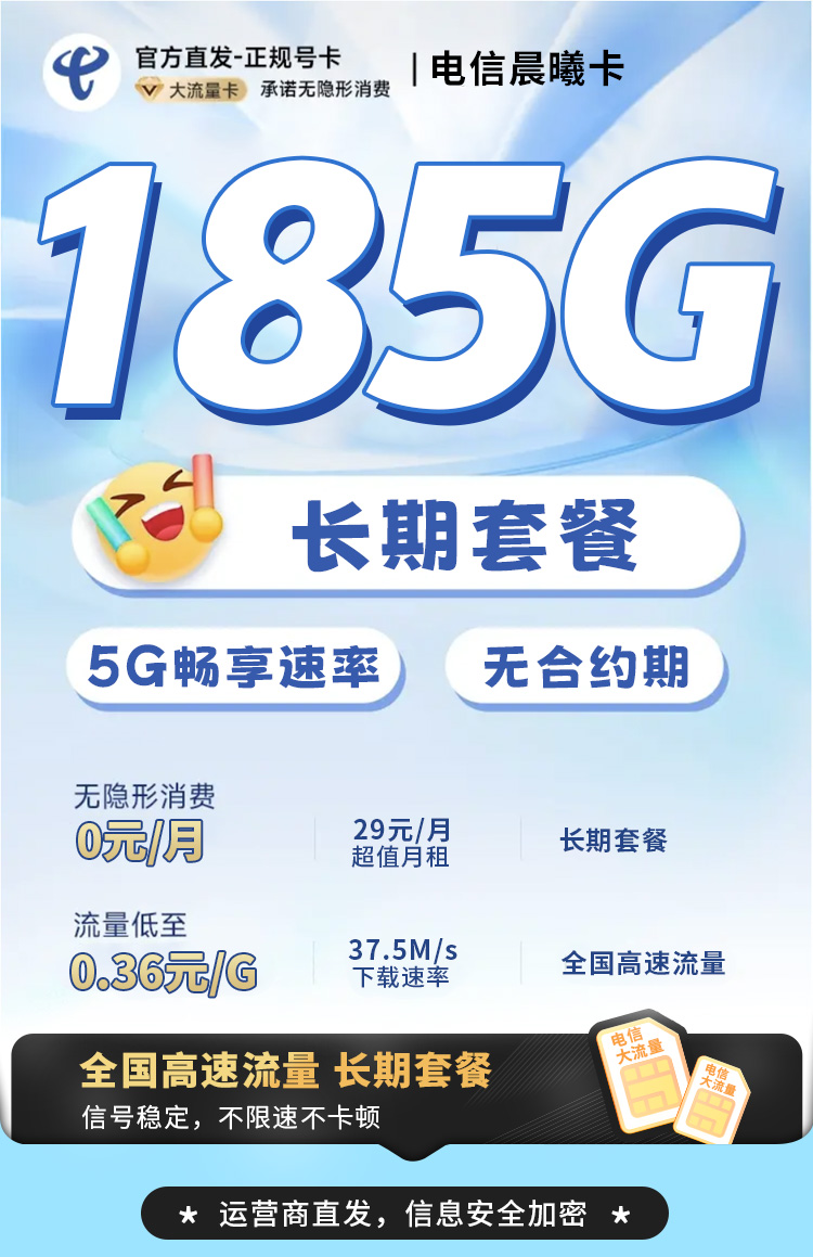 卡世界号卡发布：电信晨曦卡29元185G+长期套餐  第1张