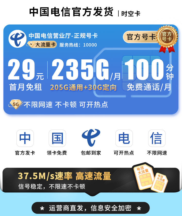 卡世界号卡发布：电信时空卡29元235G+100分钟  第1张