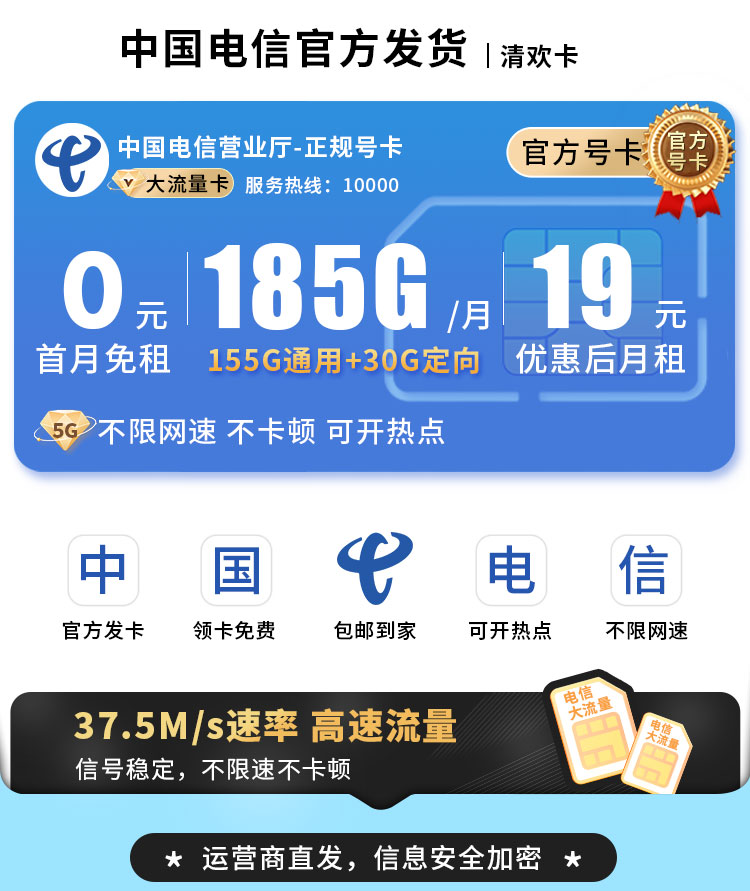 卡世界号卡发布：电信清欢卡19元185G流量  第1张