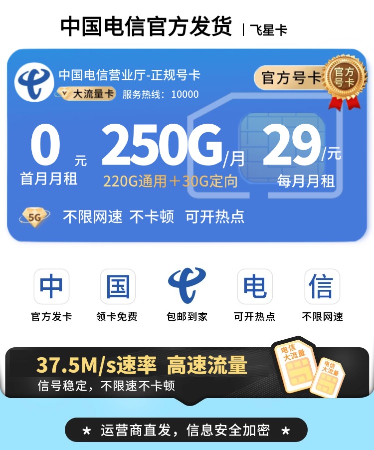 卡世界号卡发布：电信飞星卡29元250G流量  第1张