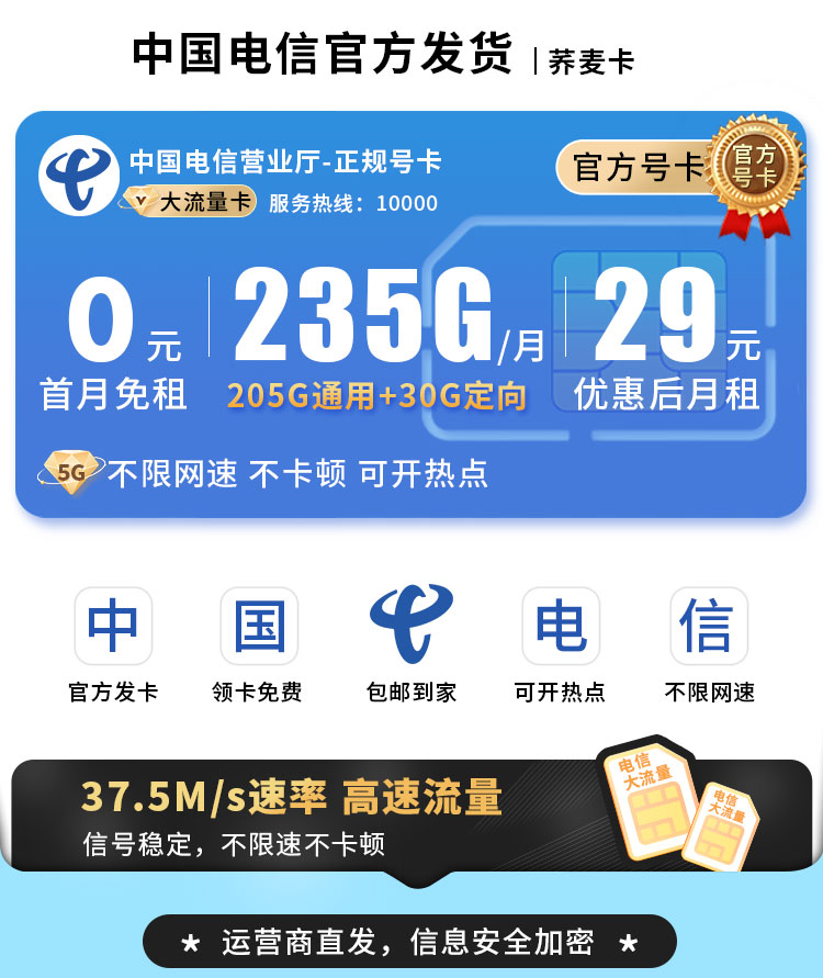 卡世界号卡发布：电信荞麦卡29元235G流量  第1张