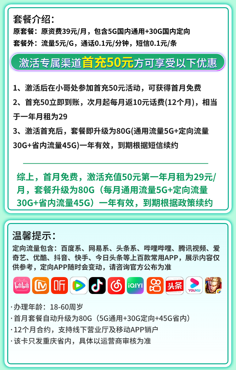 卡世界号卡发布：移动重庆卡29元80G流量  第2张