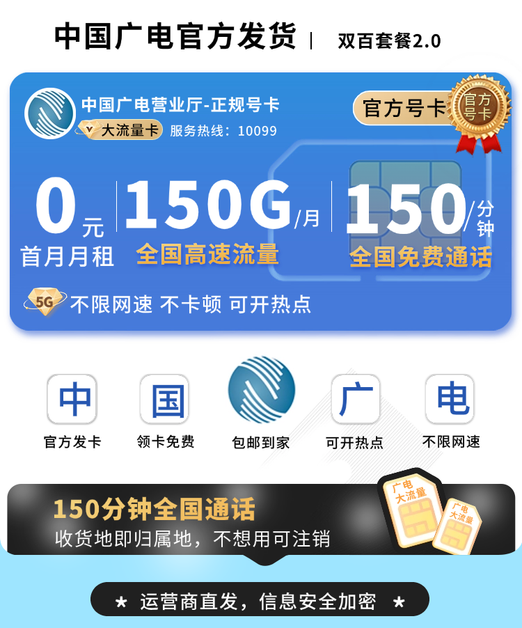 卡世界号卡发布：广电双百卡2.0版24元150G流量+150分钟+支持结转  第1张