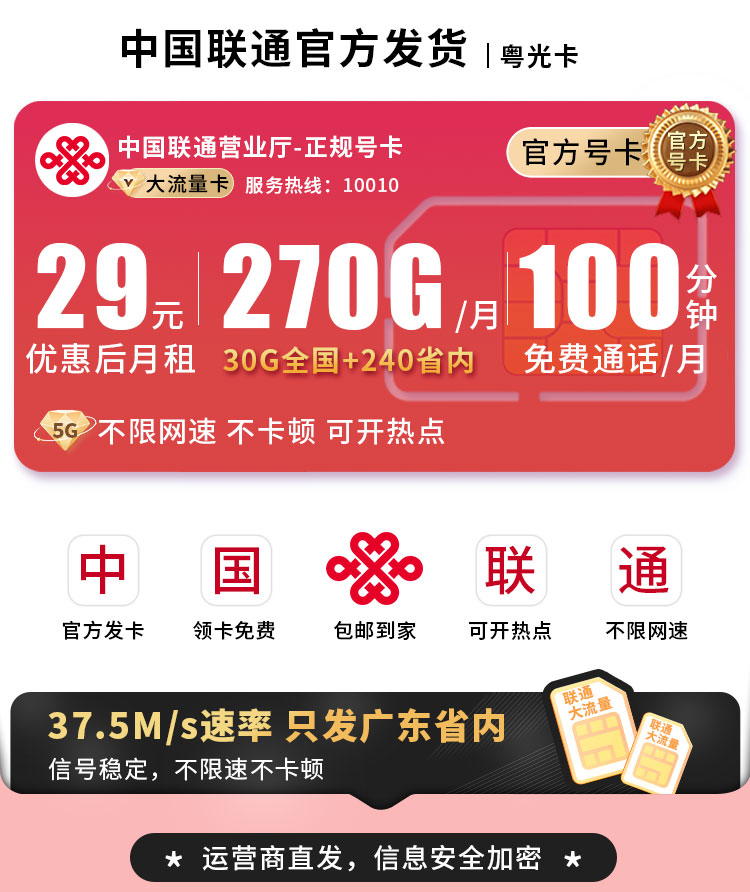 卡世界号卡发布：联通粤光卡29元270G+100分钟  第1张