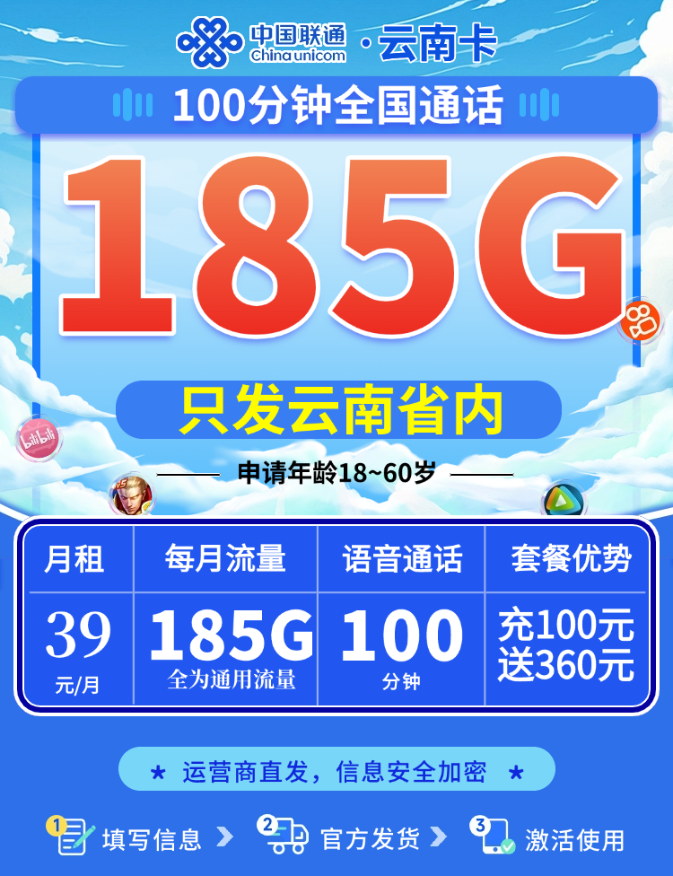 卡世界号卡发布：联通云南卡39元185G流量+100分钟  第1张