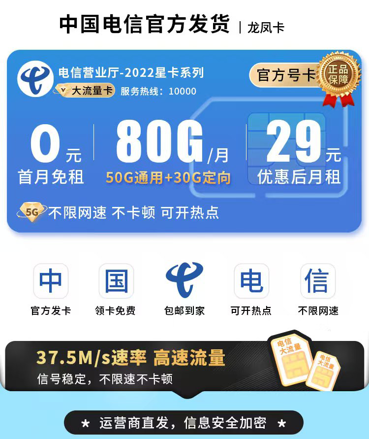 卡世界号卡官方发布：电信龙凤卡29元80G流量+可选号  第1张