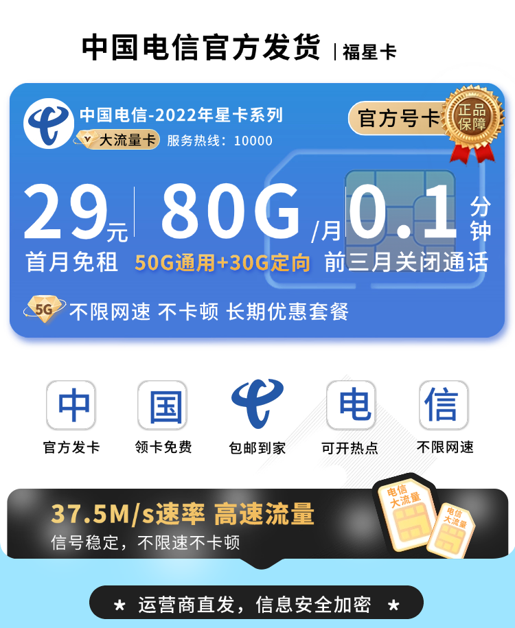 卡世界号卡官方发布：电信福星卡29元80G流量+长期套餐  第1张