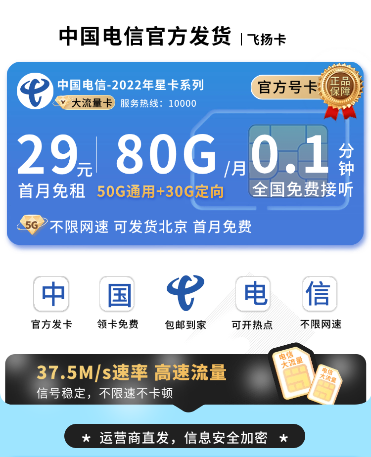 卡世界号卡官方发布：电信飞扬卡29元80G流量+可发北京  第1张