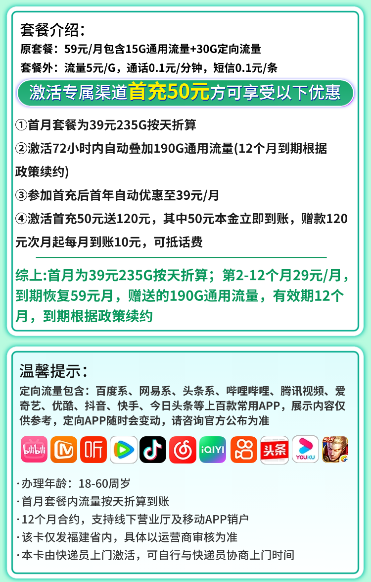 卡世界号卡发布：移动闽都卡29元235G流量+福建专属  第2张