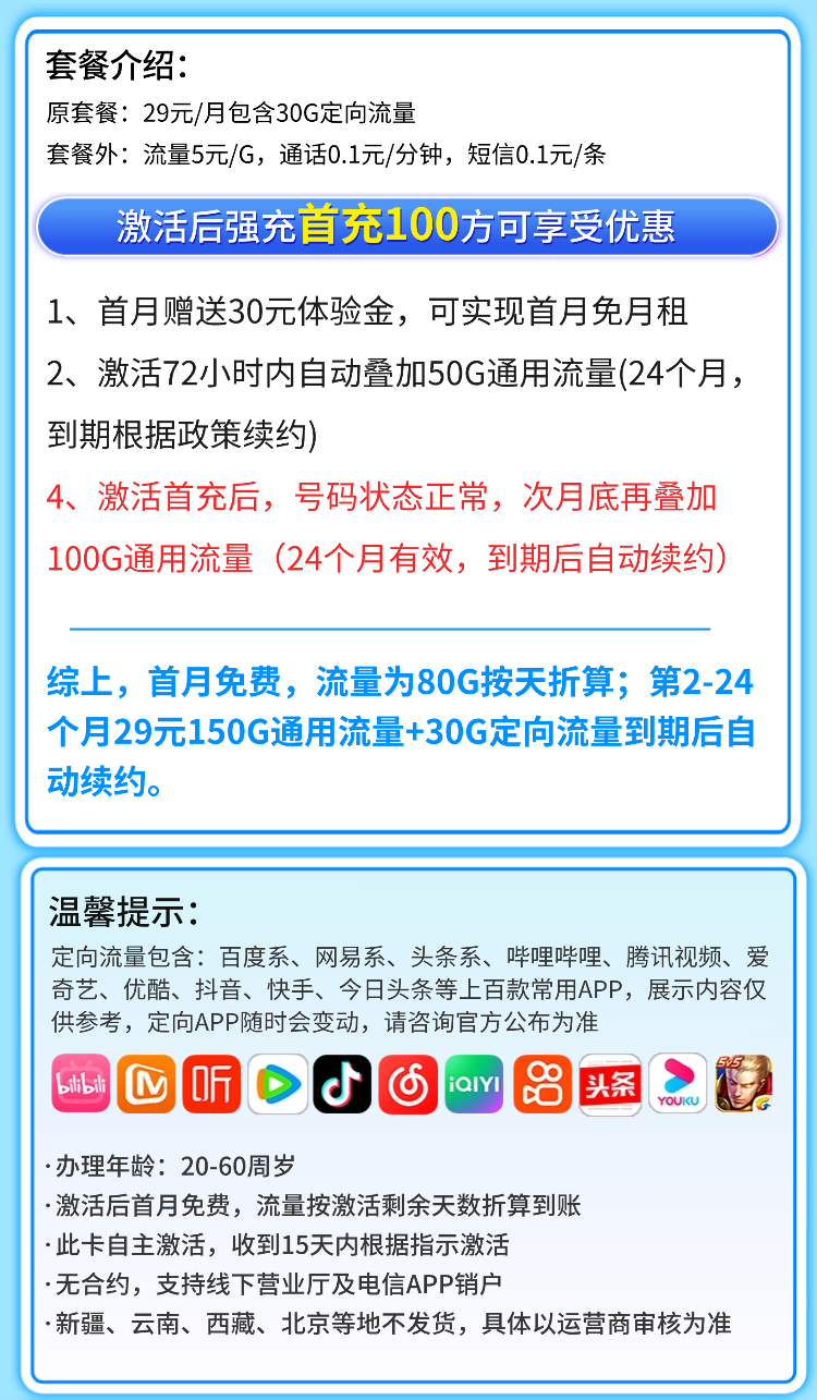 卡世界号卡官方发布：电信零星卡29元180G全国流量  第2张