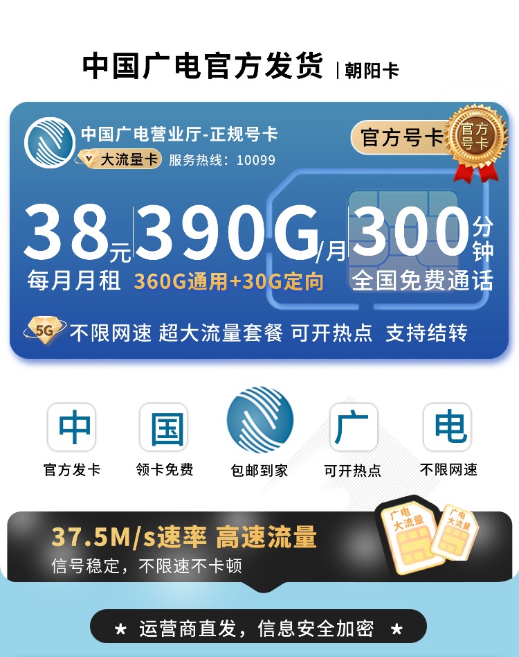 卡世界号卡官方发布：广电朝阳卡38元390G流量+300分钟  第1张